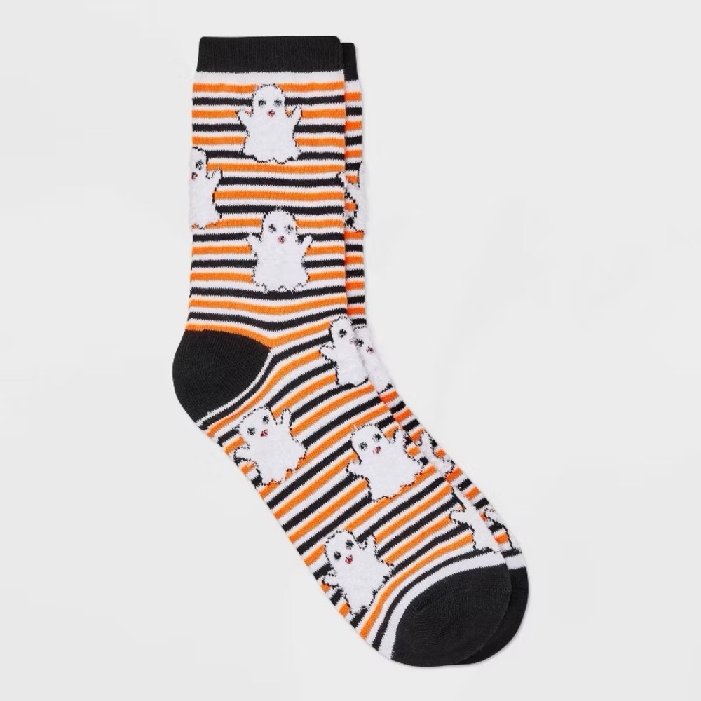 Set of 2 nwt Women's Striped Ghost Halloween Crew Socks Black/White/Orange 4-10
